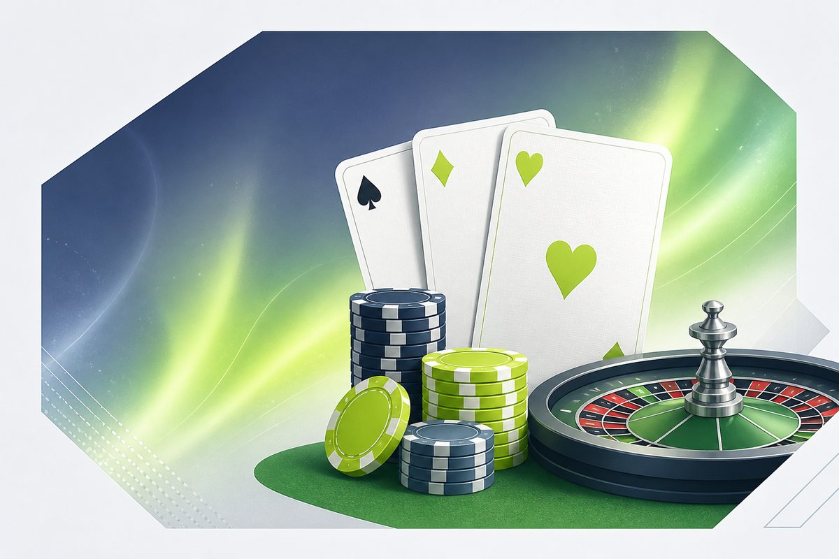 Stylised cards, chips and a roulette detail representing game variety
