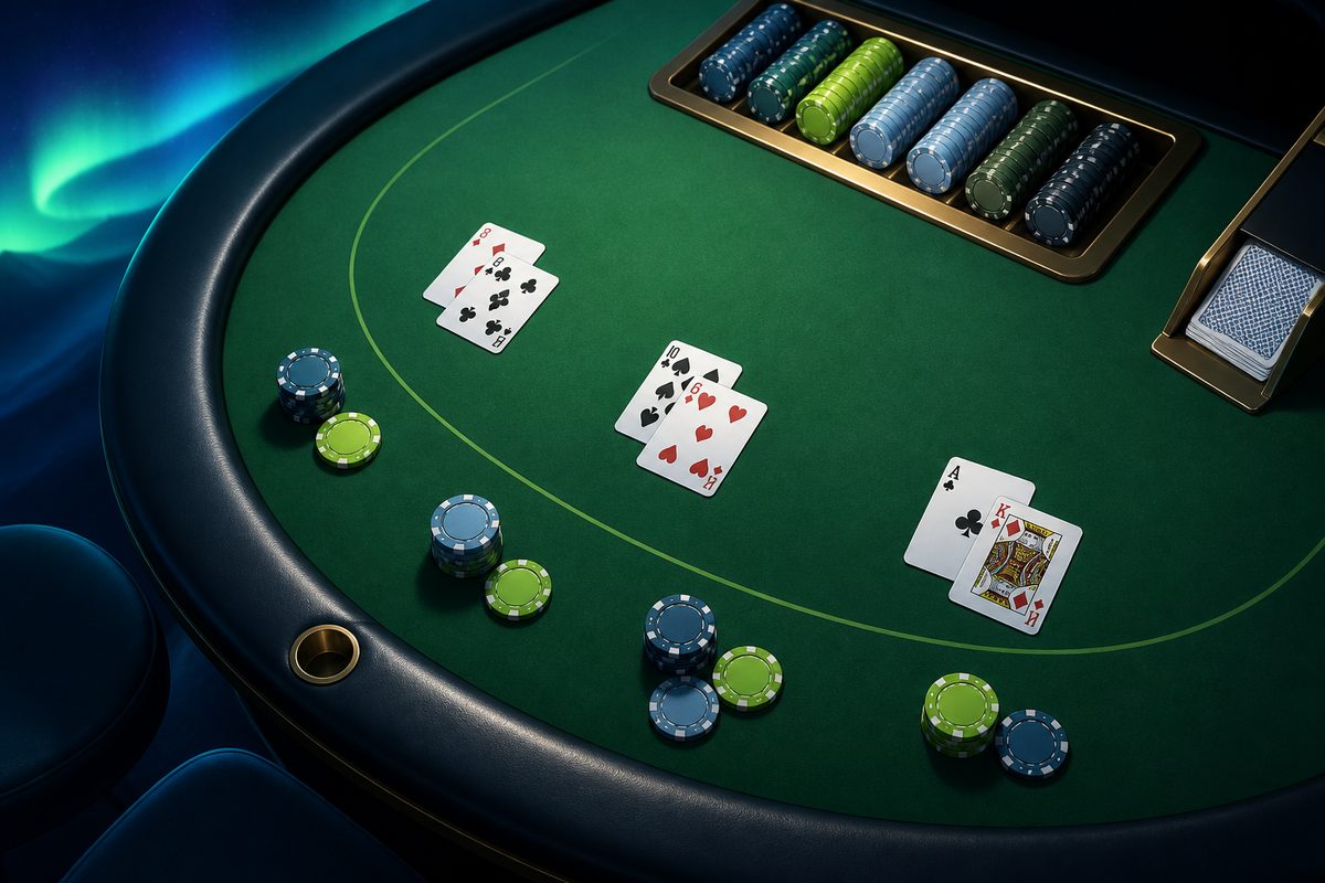 Overhead view of a stylised live-dealer table with chips and cards