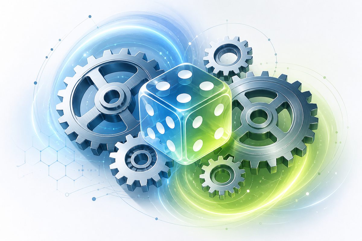 Gears and a dice cube representing RNG fairness testing